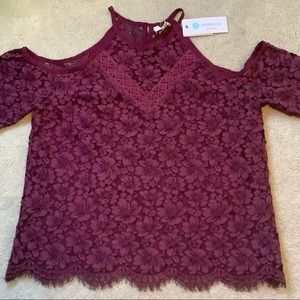 Lia Cold Shoulder Lace Blouse - Burgundy